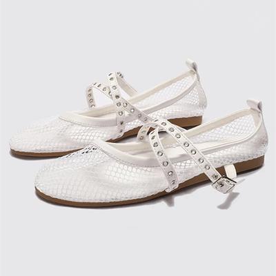 Fashion White Mesh Hollow Ballet Flats Women Summer Lightweight Breathable Casual Shoes for Women Luxury Belt Buckle Strap Mary Janes
