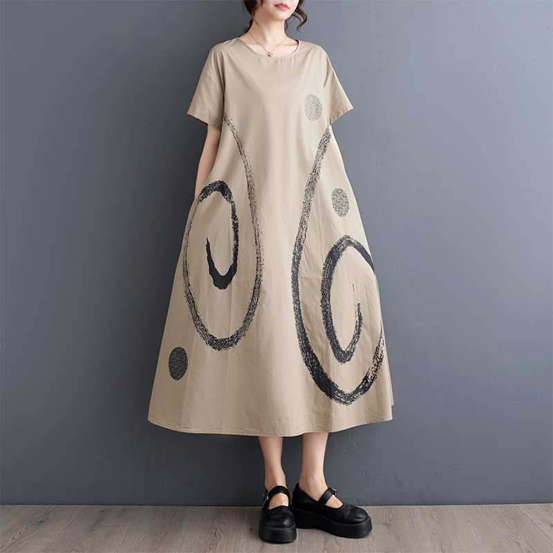 Summer Women's Loose Plus Size Printed Round Neck Mid-Length Literary Vintage Dress