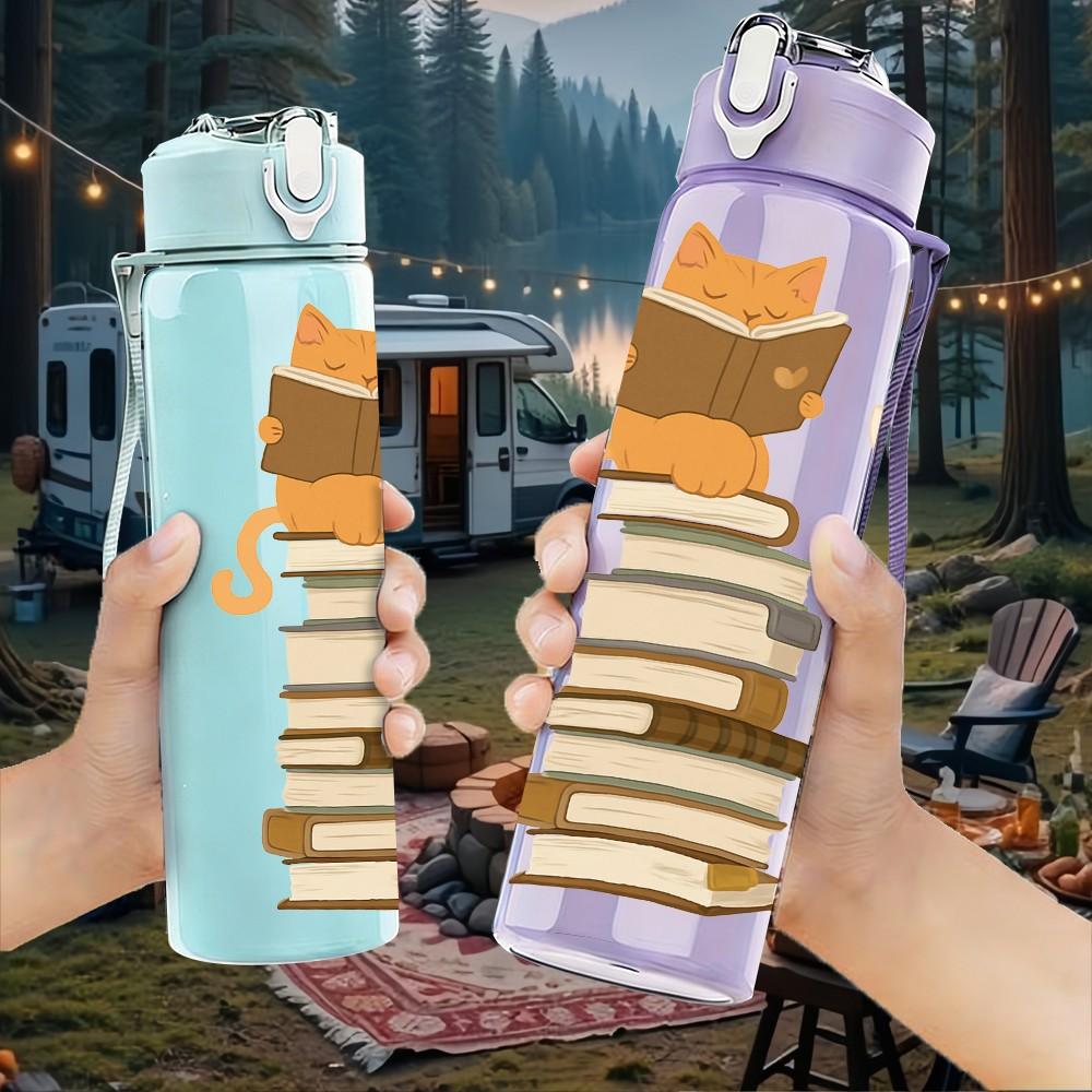 1PC Cat Stack On Top Of Books Print 750ml Color Plastic Sports Water Bottle Leakproof Flip Straw Lid Suitable for Sports Office Home Use
