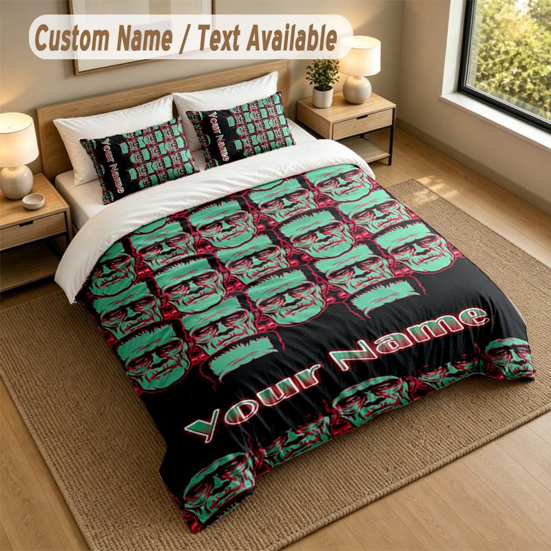 3Pcs Bedding Set Custom Name Text, 1 Sheet 2 Pillowcases Home Bed DecorFrankenstein's Monster