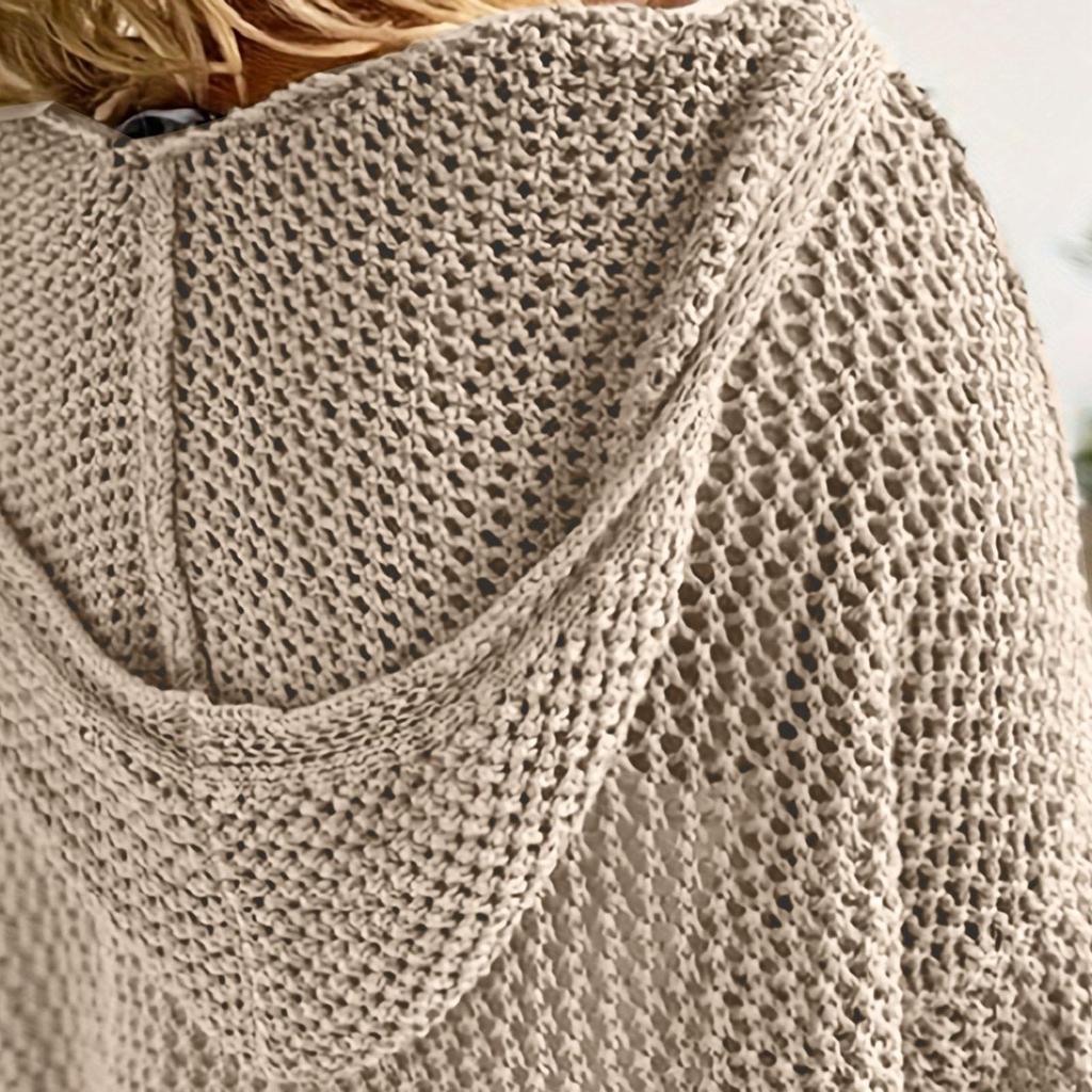 Women's Light Gray Hooded Knitted Sweater with Hollow Weave V Neck, Multiple Colors