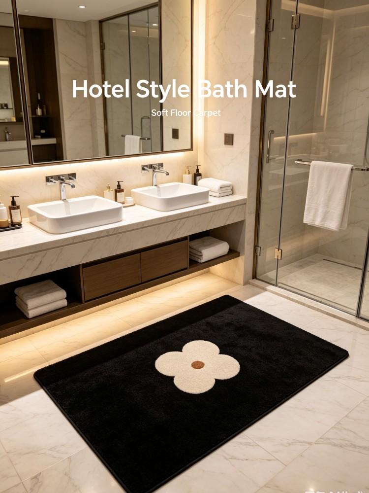 Soft Flocking Flower Bathroom Mat Non‑Slip Absorbent Bath Rug Black Beige Floral Doormat Floor Carpet For Shower Room Home Decor