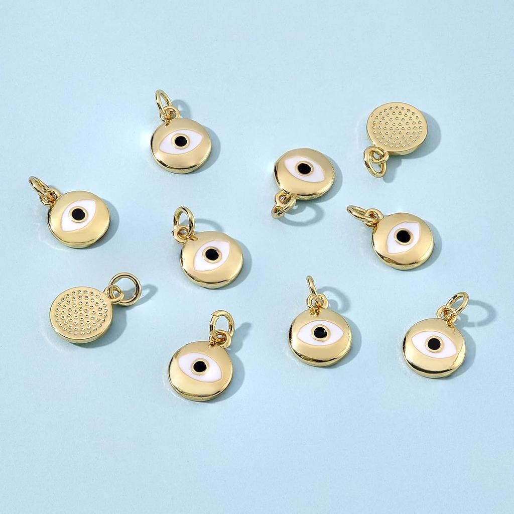 BENECREAT 10Pcs 18K Gold Plated Evil Eye Enamel Charms Flat Round Pendants with Jump Rings for DIY Necklace Bracelet Jewelry Making