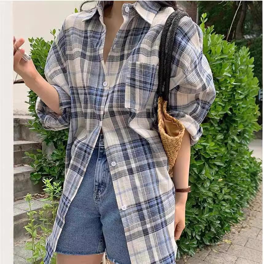 New 2025 Women's Loose-Fit Korean Blue Plaid Shirt Top