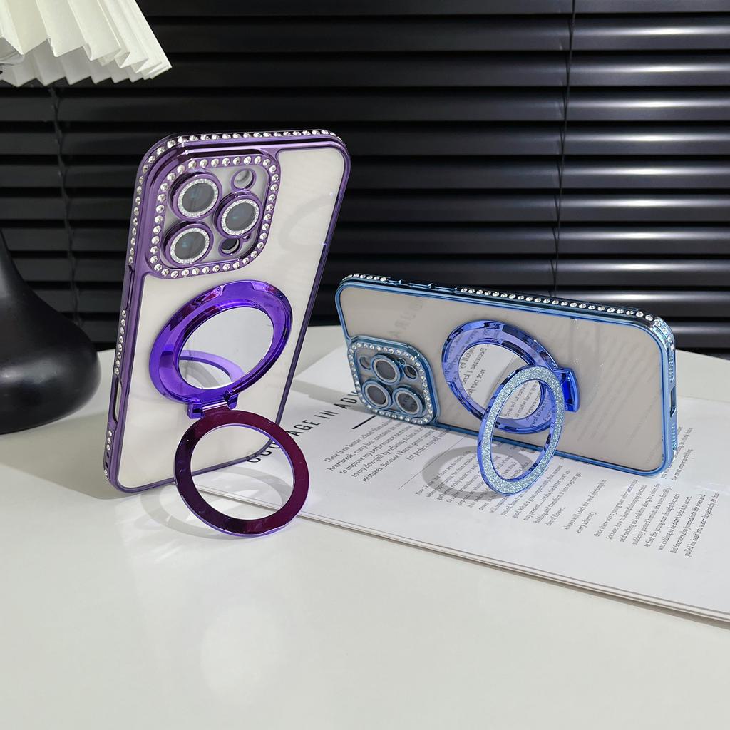 Girls Cute Glitter Diamond Makeup Mirror Camera Lens Protector Bumper Phone Case With Stand For iPhone 17 16 Pro Max Samsung S25 S24 Protective Cover