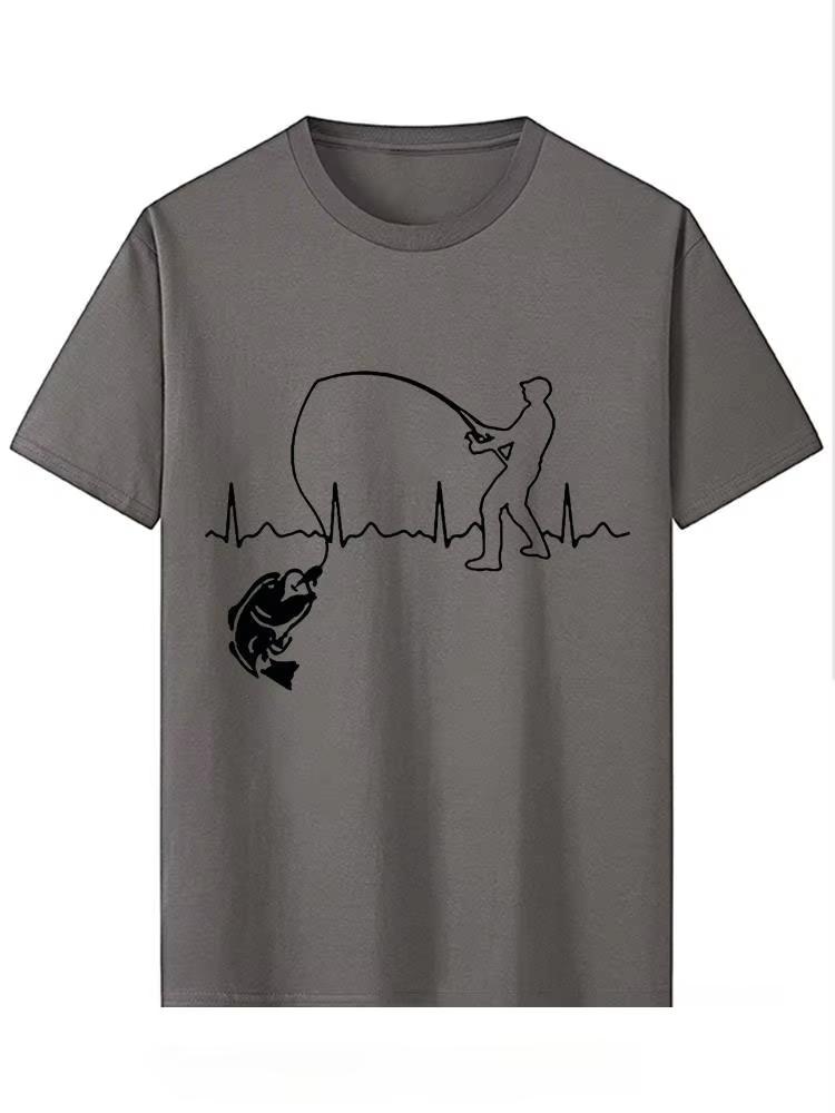 Outdoor Summer Style Eat Sleep Fishing Heartbeat Printed Short Sleeved Mens T shirt Fashion Casual Fisherman Fish Men's T-shirt
