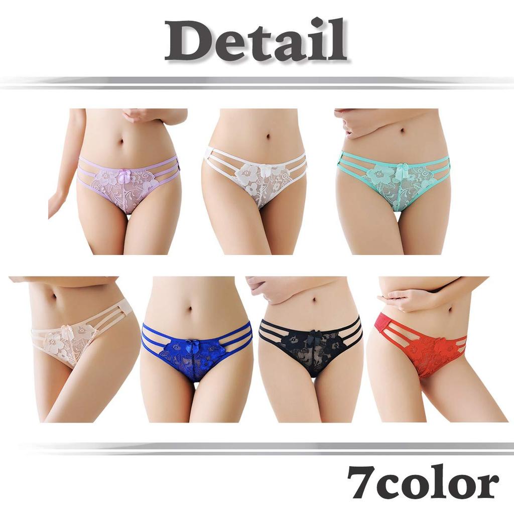 WHITE FANG Lace Ribbon Sexy TT61 Women's See-Through T-Back Panties, Lingerie, (07 Black)