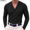 Mens Deep V Neck Long Sleeve Slim Fit Stretch Solid Color Casual Ribbed Tops T-shirts