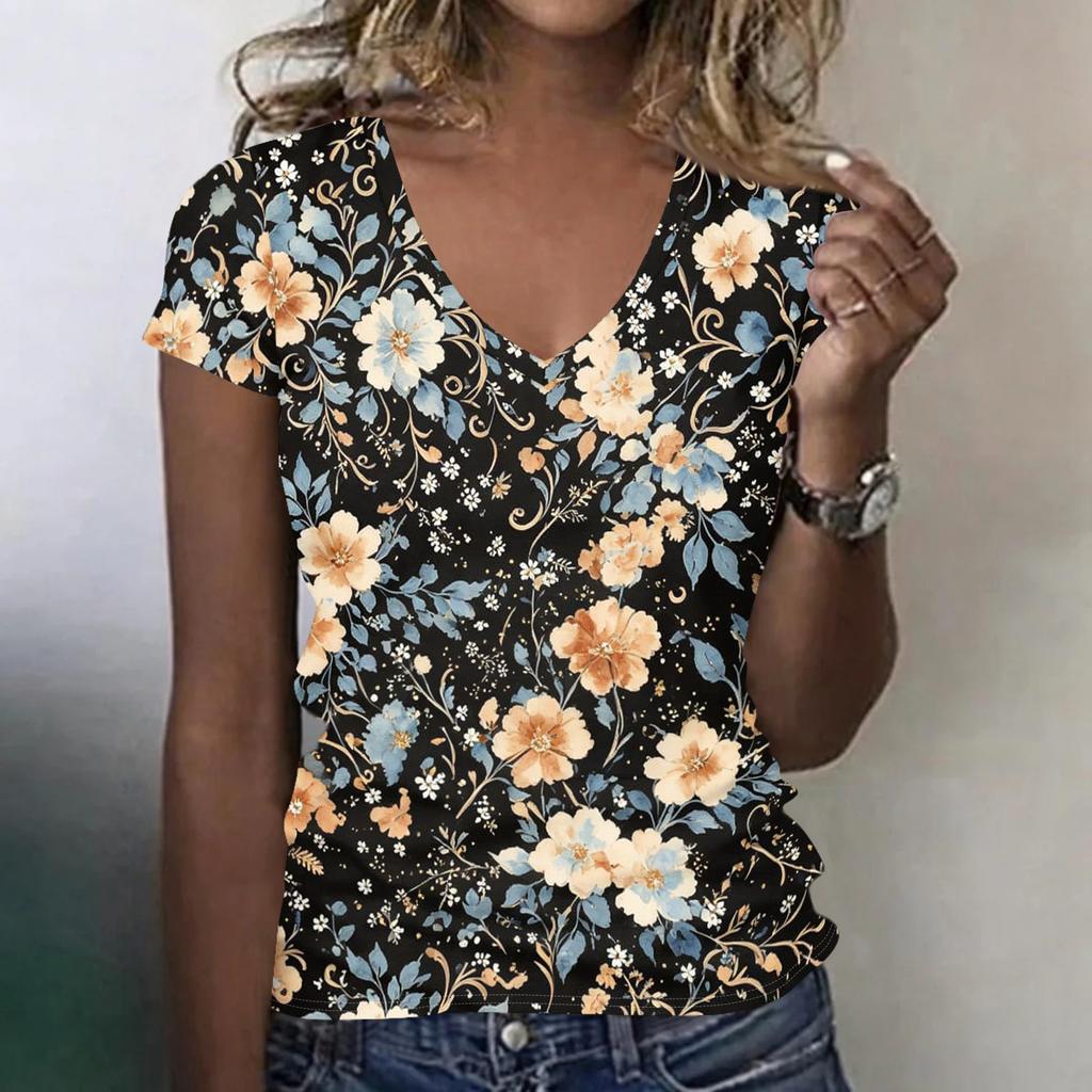 Camiseta Floral de Manga Corta con Cuello en V para Mujer, Informal, Holgada, Ligera, Pulóver para Uso Diario, Oficina, Escuela, Viajes