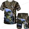 New Men's Short Sleeve Shorts Set Fashion 3D Digital Fish Printing Men's Beach Casual Set