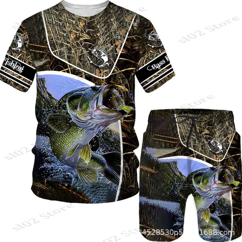 New Men's Short Sleeve Shorts Set Fashion 3D Digital Fish Printing Men's Beach Casual Set