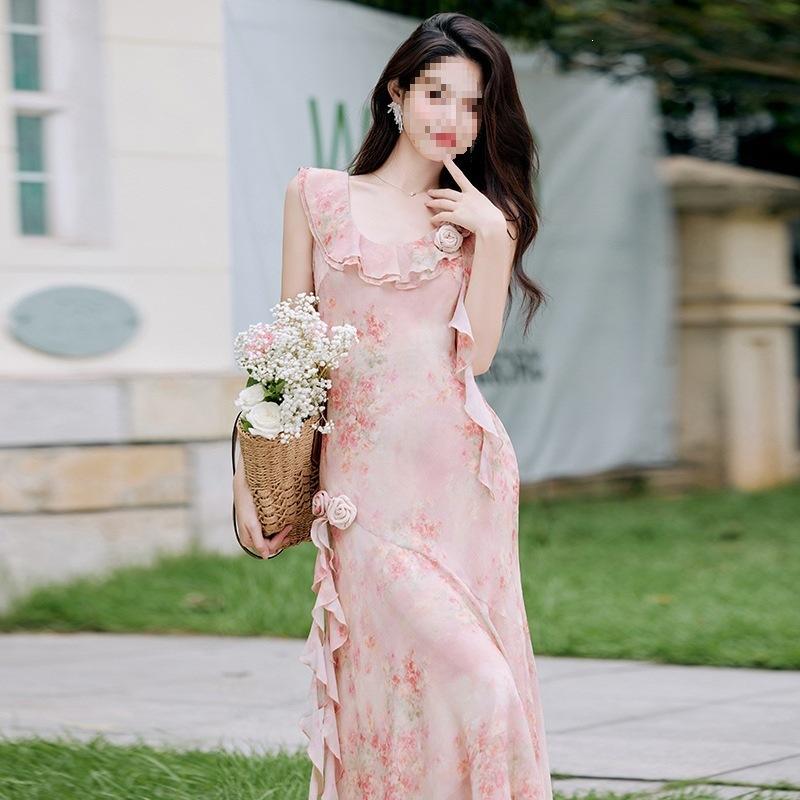 French retro floral sleeveless dress women s summer new pink chiffon irregular skirt looks thin and long S