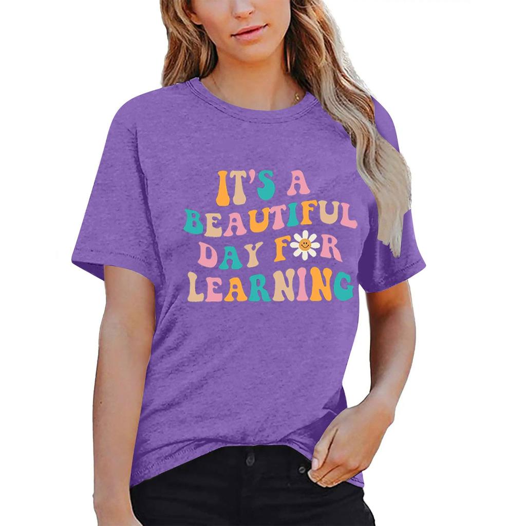 Women Teacher Life Shirt Teacher Gift Short Sleeve Shirts It’s A Beautiful Day For Learning T-Shirt