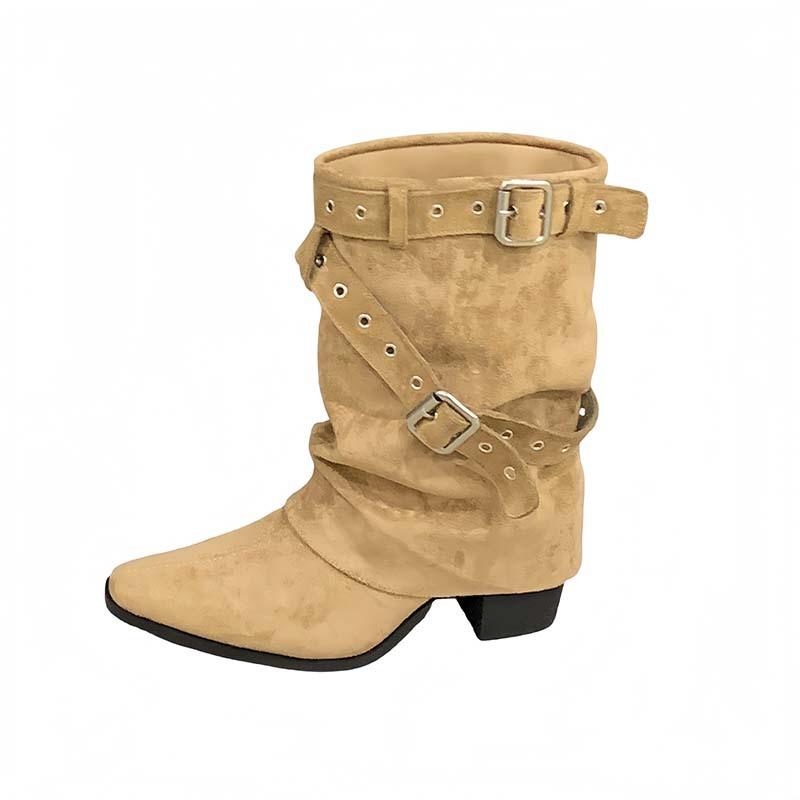 2025 New Retro Pointed Thin Boots, Belt Buckle But Knee Piling Boots Women's Thick Heel Medium Boots
