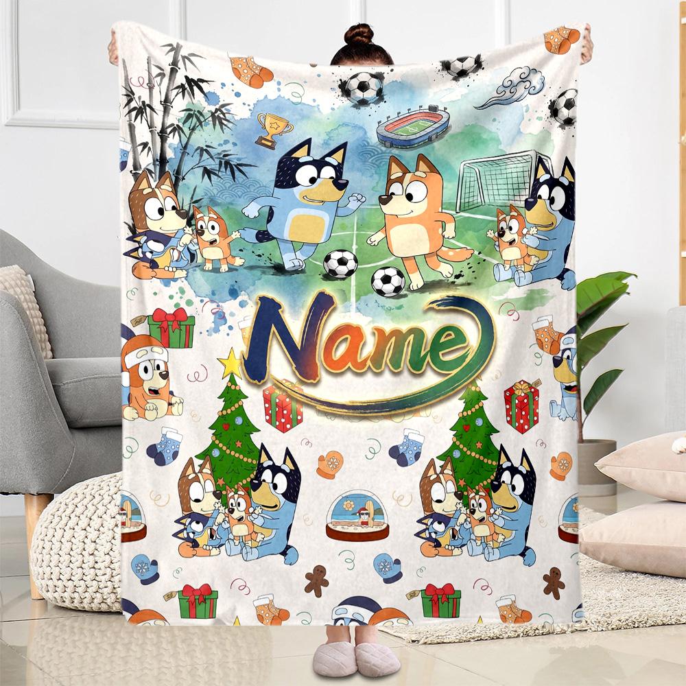 Soccer Fun Bluey Customize Text Blanket Gift Personalized Blanket Ultra-Soft Great for Living Room Bed Livingroom Nap Ideal for All Seasons