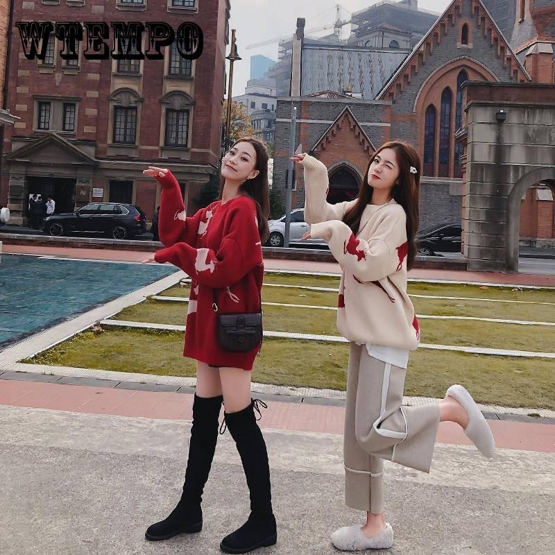 

Pofulove Рождественский свитер с лосем женский красный ленивый свободный осенне-зимний толстый модный свитер с длинными рукавами