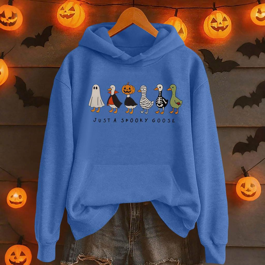 Damemote Casual Langermet trykt Rundhals hettegenser Pullover Topp med lommer