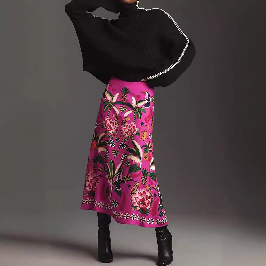 IHUASU Spring Summer Street Tropical Plant Print Retro Skirt Women