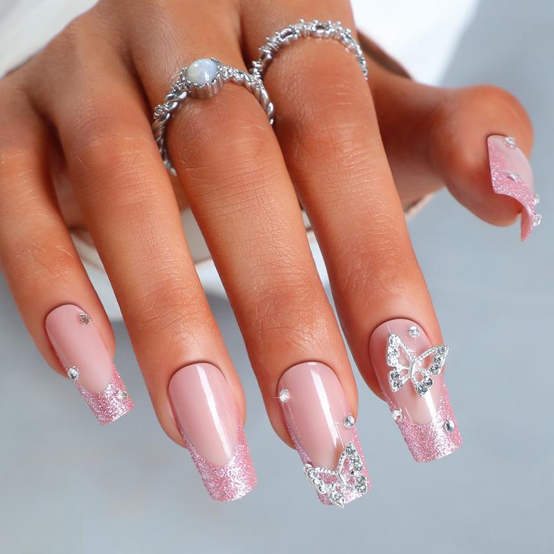 

2024 Premium Glitter Butterfly Rhinestone Long Coffin Press-on Nails