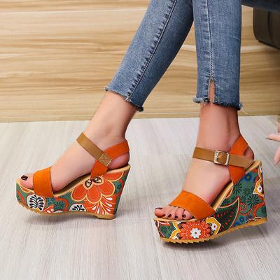 2024 Summer Wedge Sandals for Women Retro Ethnic Print Platform Shoes Ladies Casual Ankle Buckle Comfortable Sandalias De Mujer