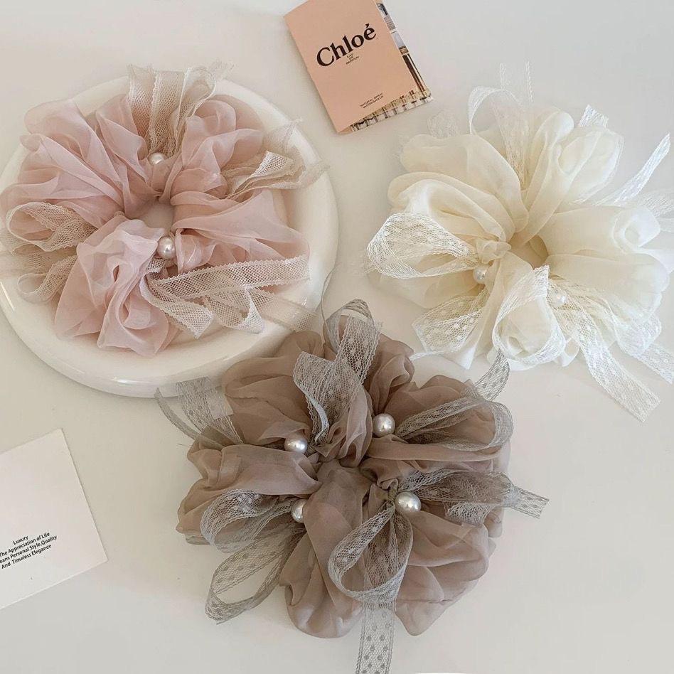 Korean Style Pink Chiffon Lace Pearl Scrunchie Oversized Gentle Hair Tie for Women