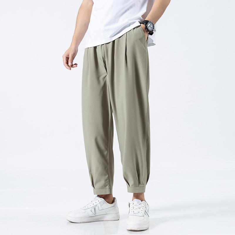 New men's casual pants solid color ice silk texture simple straight suit pants nine-point pants men