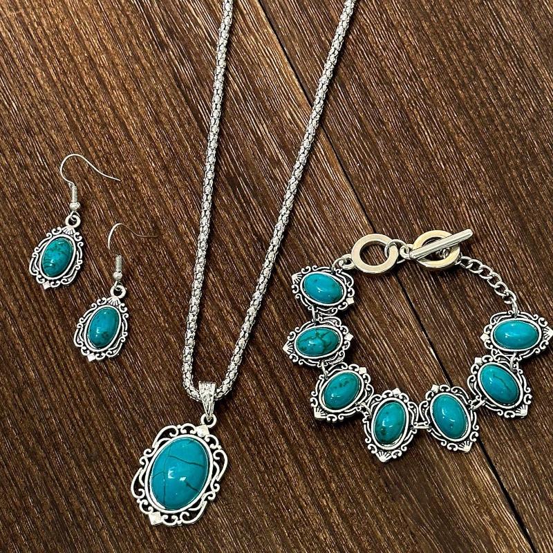 3Pcs Women'S Vintage Turquoise Bracelet Necklace Earrings Set, Healing Stone Decoration Gift