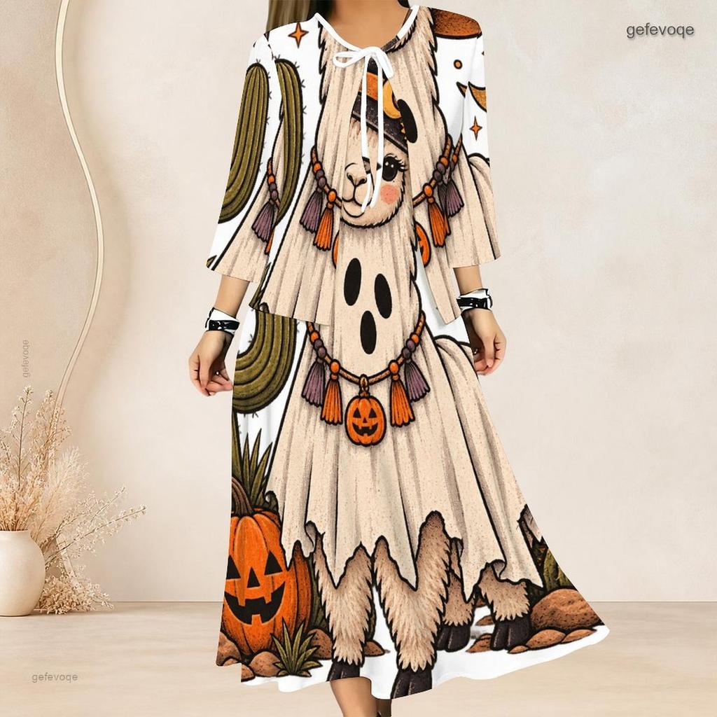 Women Plus Size Two Piece Dress Set Three Quarter Sleeve Halloween Panda Ghost Print Long Dress