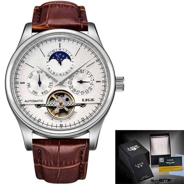LIGE Brand Retro Mechanical Wristwatch Tourbillon Automatic Watch Sport Clock Leather Casual Business Men Watches Relojes Hombre