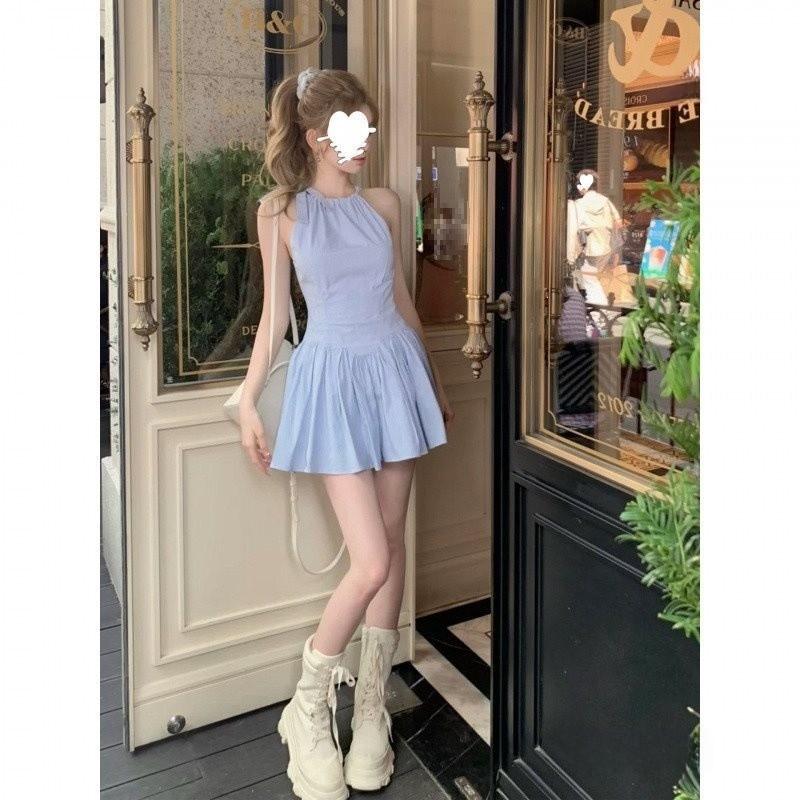 Summer Blue Stripe Knit Dress With Spliced Design For Streetwear Enthusiasts