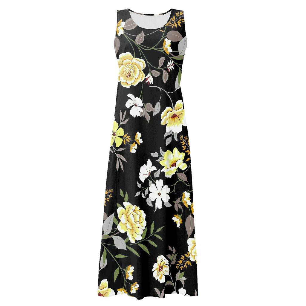 Women's Summer Casual Fashion Flower Printed Sleeveless Round Neck Pocket Dress