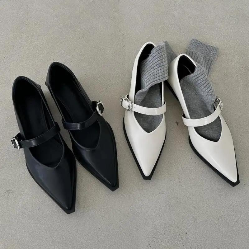 Pointed Toe Women Loafers Shoes Black White Casual Mules Belt Buckle Shallow Slip On Low Heeled Party Pumps Women's Flat Shoes