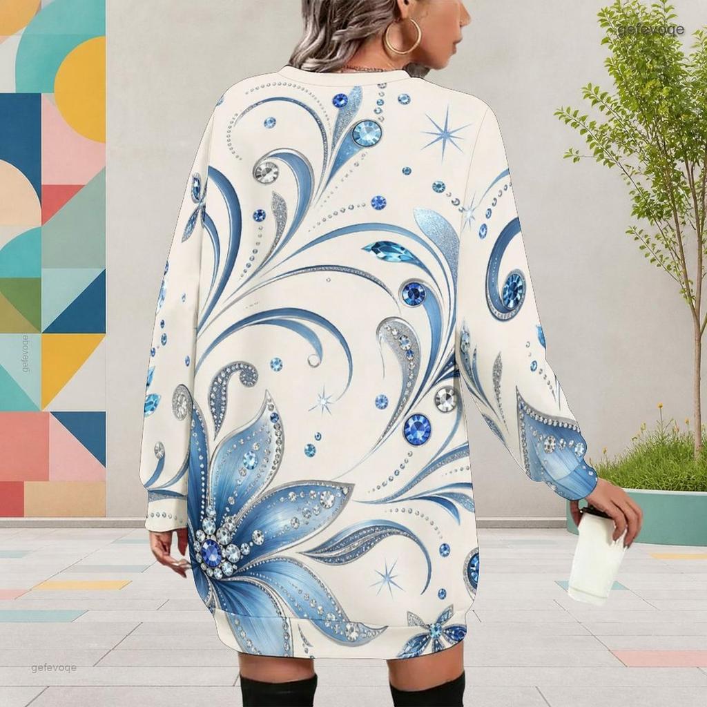 Women Plus Size Round Neck Long Sleeve Printed Black Mini Sweatshirt Dress Ribbed Cuffs