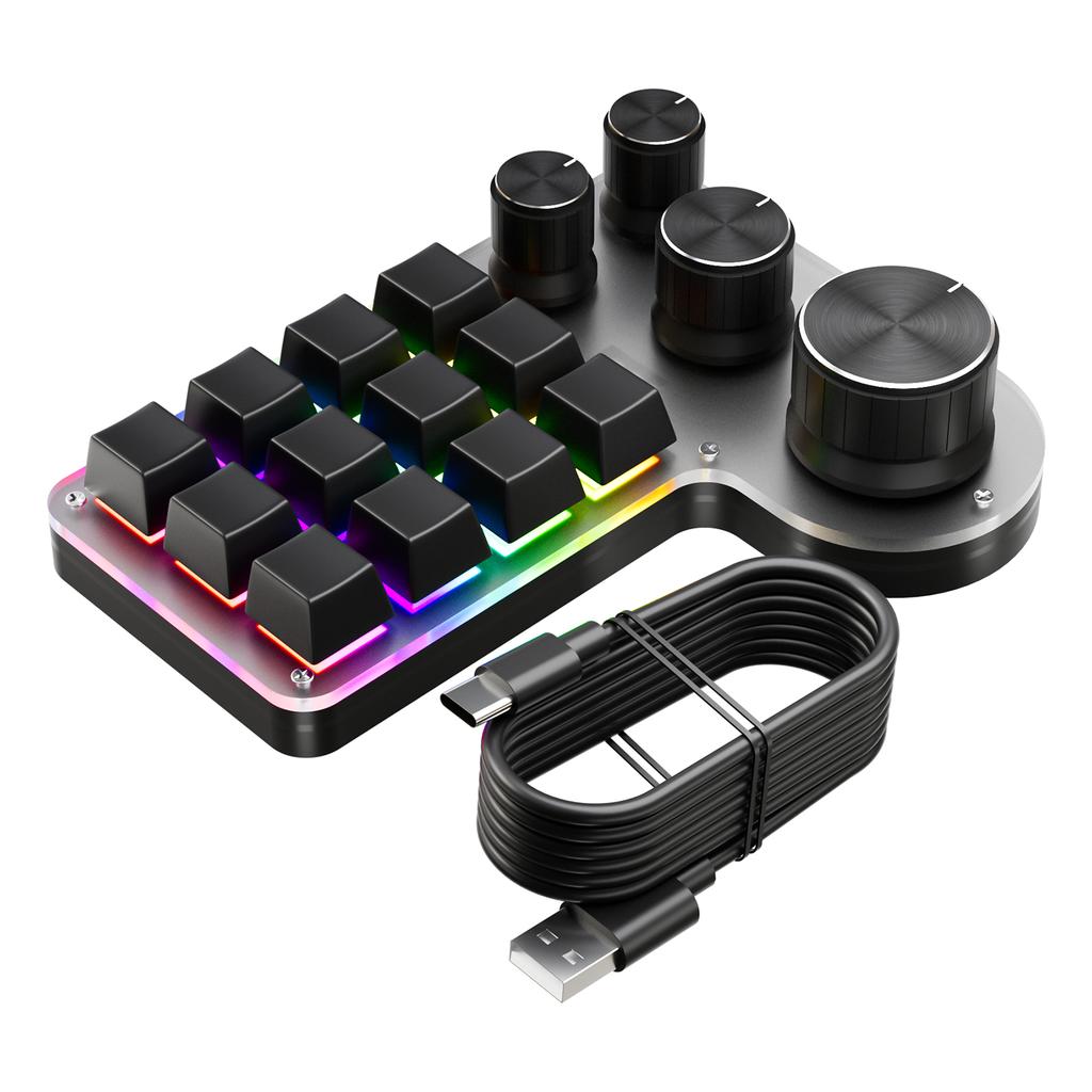 Programmierbare Makro-Tastatur 12 Tasten 4 Drehknöpfe Gaming-Tastenfeld mit USB Kabelgebunden+BT Dual-Modus Mehrzweck-Kurzbefehl Benutzerdefiniert