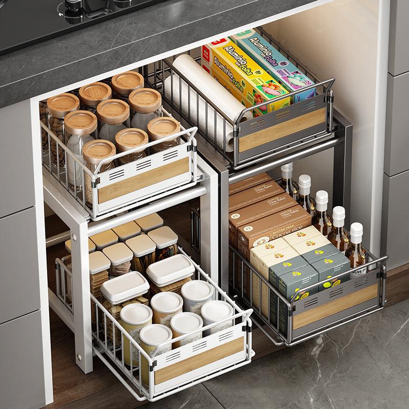 Kitchen Pull-out Basket Shelf Double Layer Spice Snack Bottle Can Cabinet Multi-level Shelf Under-sink Cabinet Layered Drawer