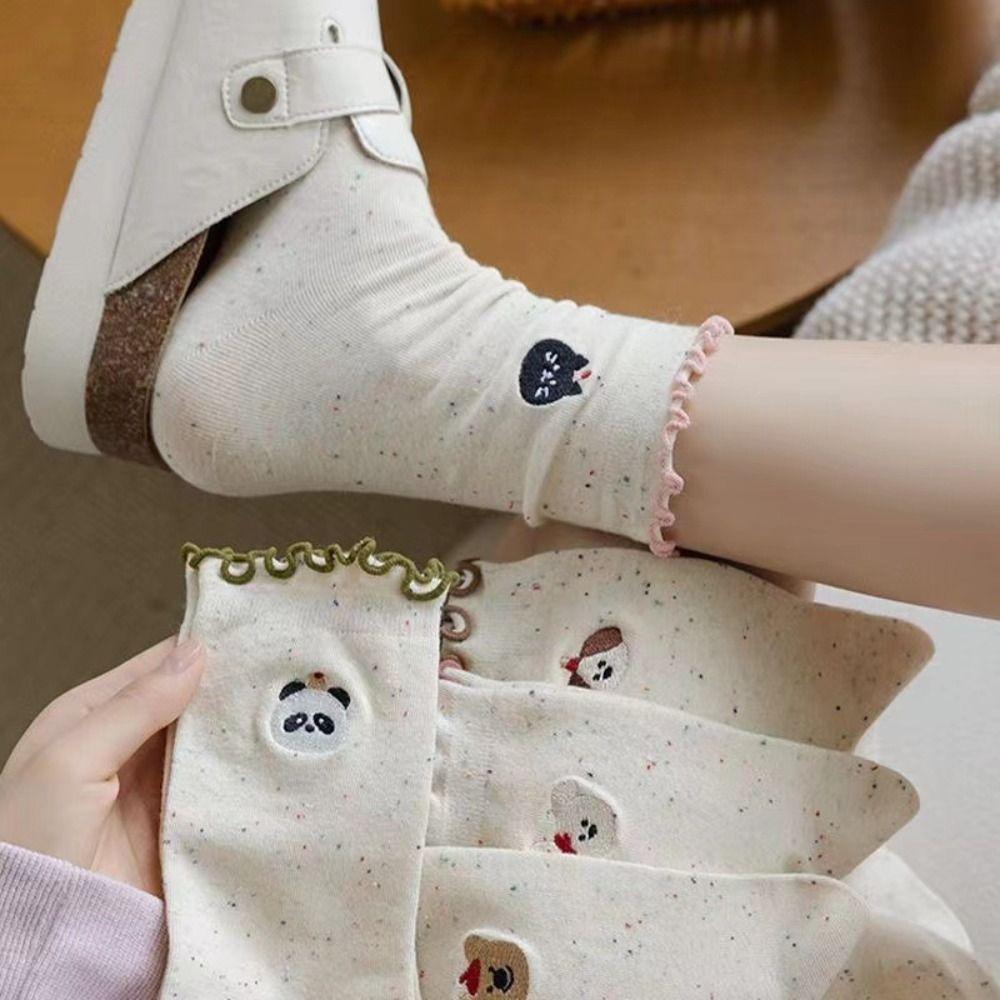 5Pairs Embroidery Ruffled Socks Women Cat Mid-calf Cotton Socks Sweet Bowknot Sock  Women's