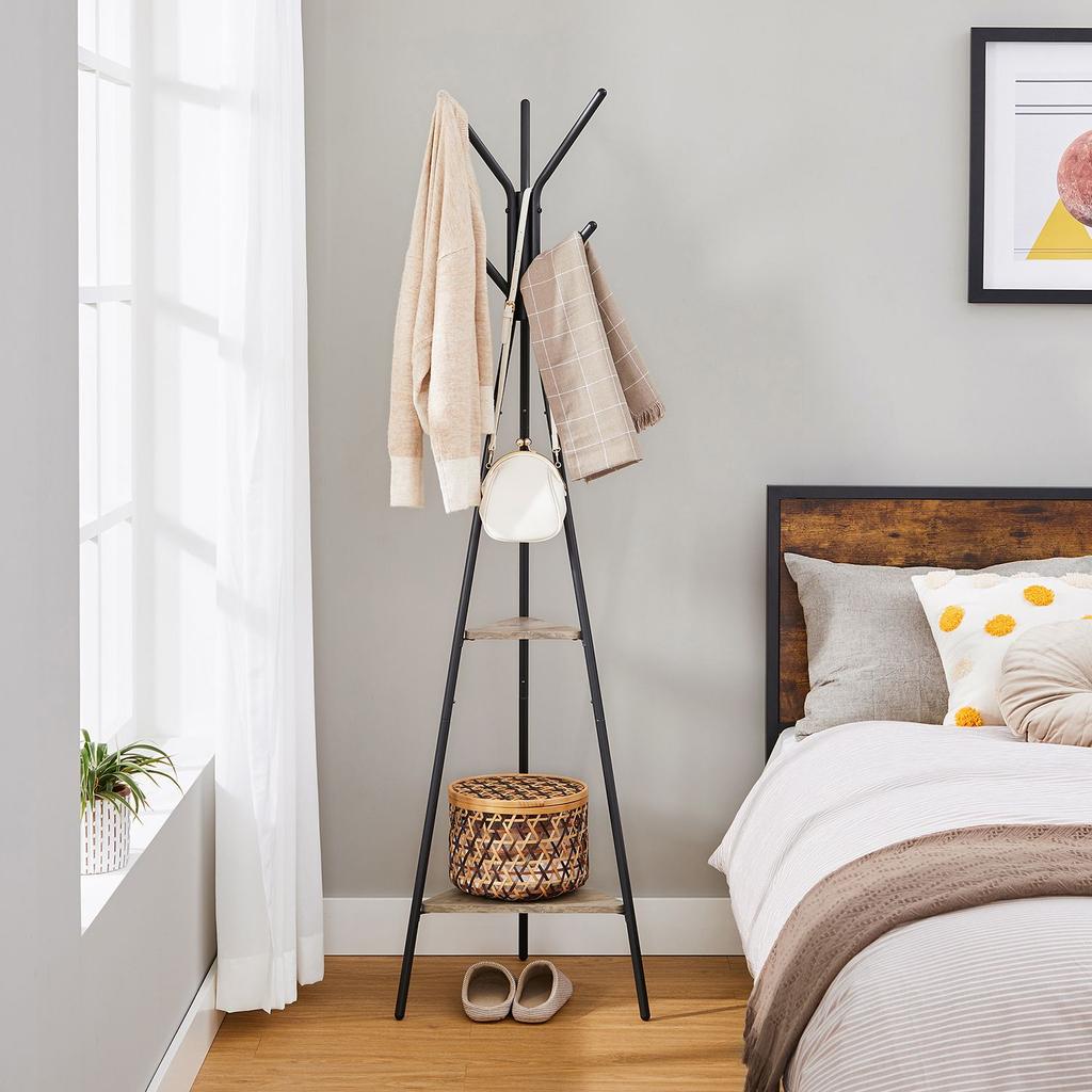 VASAGLE Rack Stand, Coat Tree, Hall Tree Free Standing, Industrial Style, with 2 Shelves, for Clothes, Hat, Bag, Greige and Black