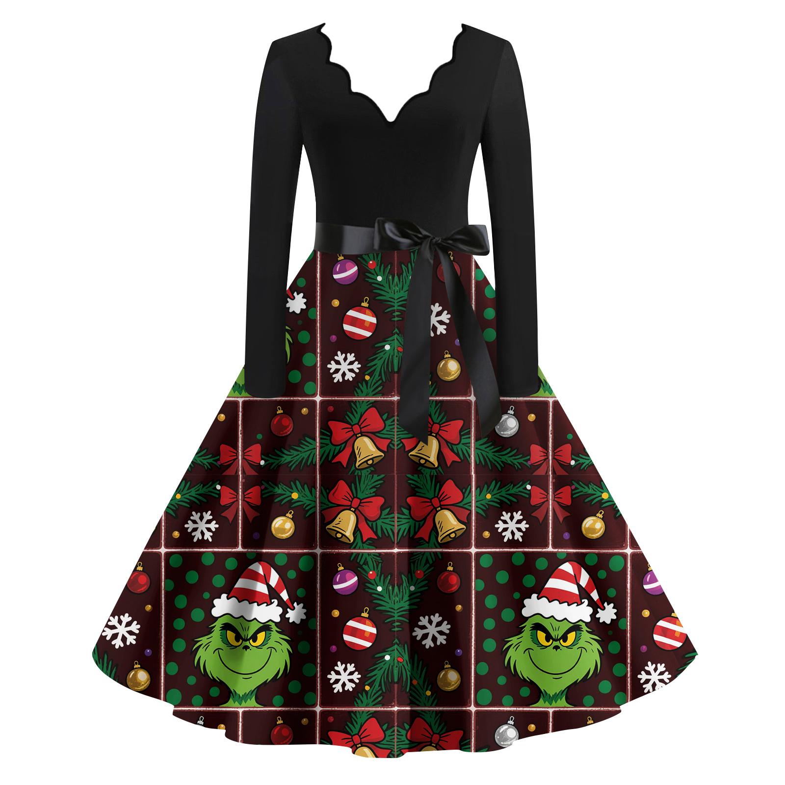 

Ladies Fashionable Retro Long Sleeved Square Neck Christmas Printed Evening Dress Dress XXL