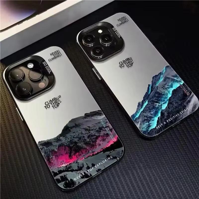 Snow Mountain Landscape Sunset Electroplate Silver Phone Case For iPhone 16 11 12 13 14 15 Pro Max 7 8 Plus X XS XR Back Cover