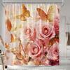 1pc Romantic Soft Pink Roses and Golden Butterflies Shower Curtain, Polyester Woven Fabric, Fashionable Bathroom Decor