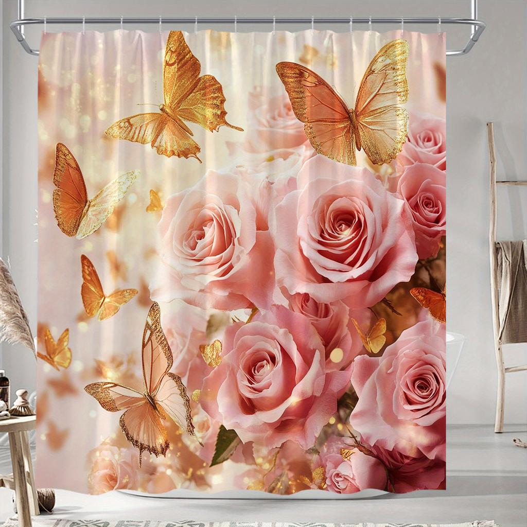 1pc Romantic Soft Pink Roses and Golden Butterflies Shower Curtain, Polyester Woven Fabric, Fashionable Bathroom Decor