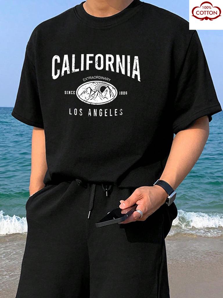 Summer Mens 100 Cotton California Pattern TShirt Retro Bear Star Print Short Sleeve Urban Fashion Street Trend Enthusiast