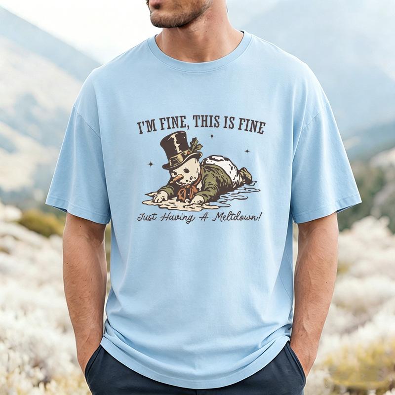 Fun Melting Snowman English Printed Men's T-Shirt Cross-Border Christmas Funny Crew Neck Short Sleeve Comfortable Casual T-Shirt