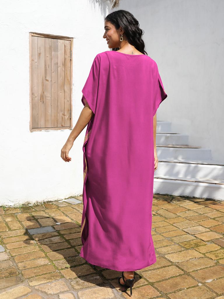 EDOLYNSA Sexy V-Ausschnitt Goldbesticktes Langes Strandkleid, Damen Retro Kaftan Locker Strandbekleidung Urlaub Badeanzug Bikini Cover-up
