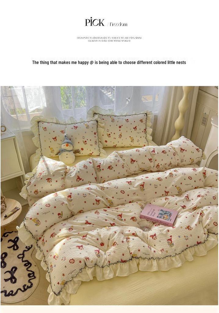 Korean Style Puff Gauze Lace Bedding Set - 4-Piece for Children's Dormitory Bed.