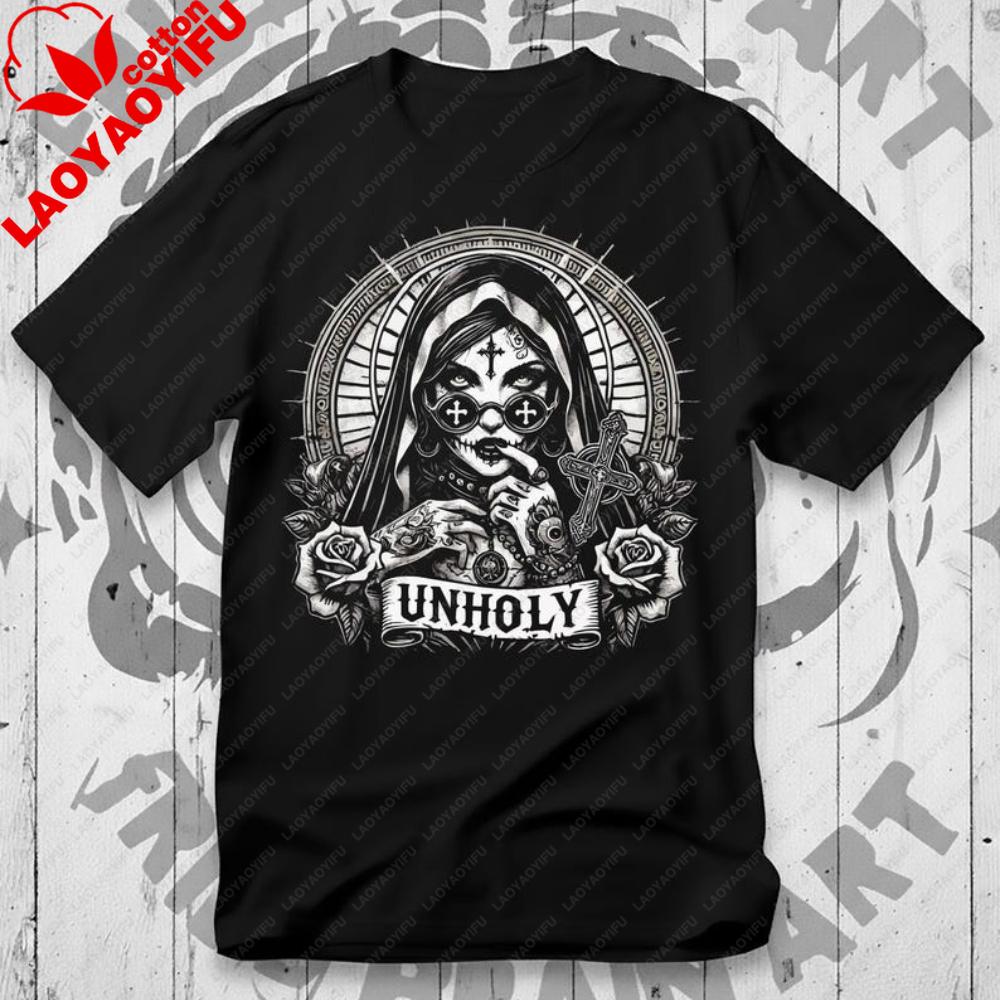 Unholy Nun T-Shirt Gothic Satan Baphomet Halloween Shirt Vintage Ästhetik Kleidung Grafik T-Shirts Y2k Oberteil Hohe Qualität Baumwolle