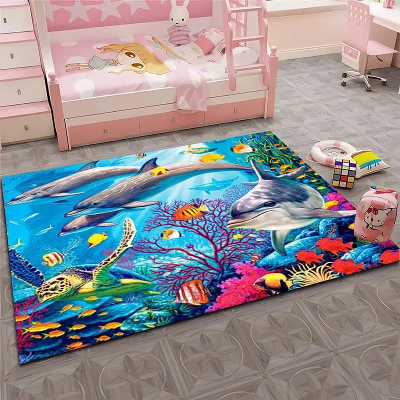 HD Underwater World 3D Illusion Seabed Cartoon Carpet,Rug for Living Room Rug for Bedroom Sofa Doormat Decor Non-slip Floor Mat