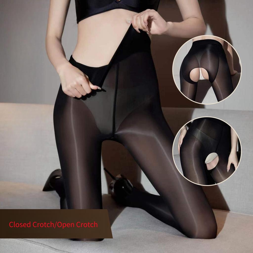 15D Big Size Open Crotch Gray Tights Control Top High Waist Horse Oily Pantyhose Erotic Lingerie Slim Compression Stockings