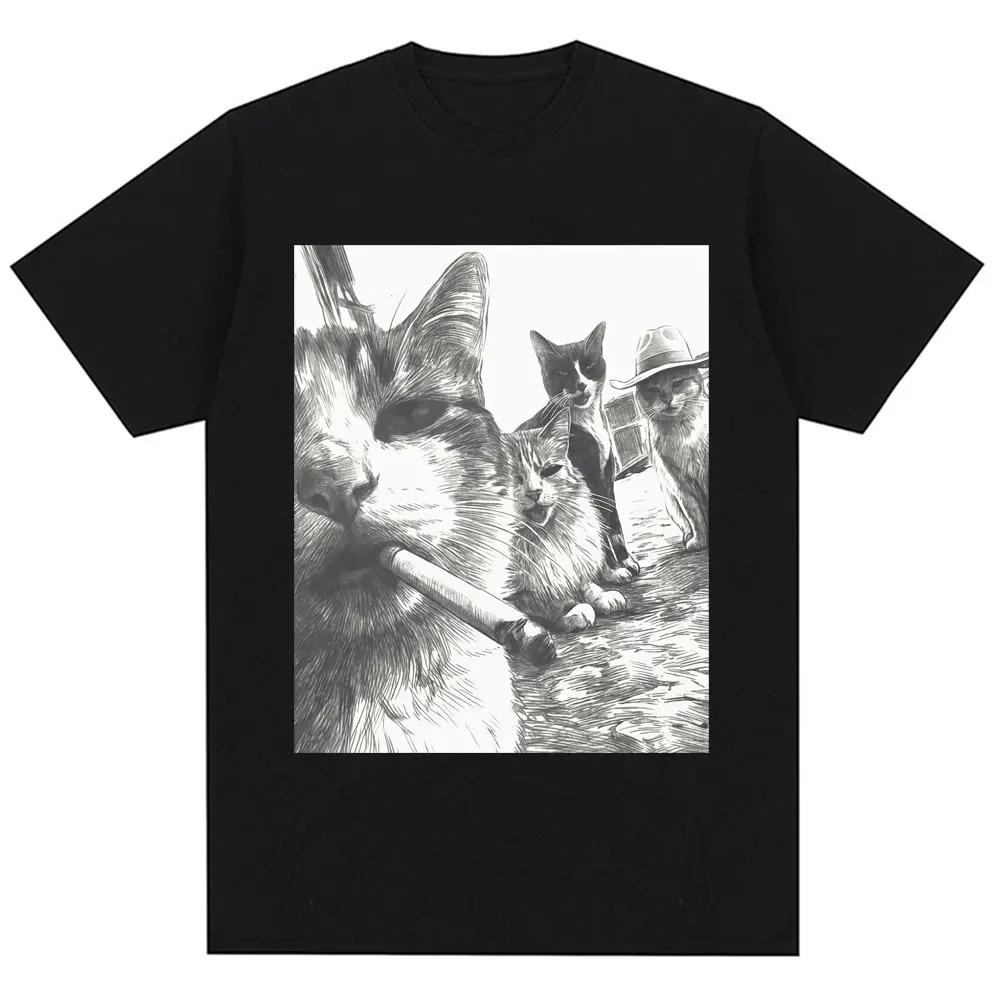 Funny Smoking Cat Meme Vintage Graphic TShirt  Unisex Trendy Humorous Oversized 100 Cotton Casual Streetwear Tshirts S