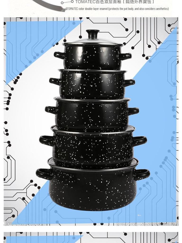 Five-Piece Black Speckled Enamel Cookware Set: Casserole and Double-Ear Stockpots